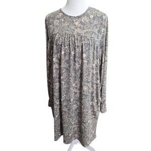 Perfect Peach Gray Tan Paisley‎ Print Long Sleeve Midi Dress Women's Size L